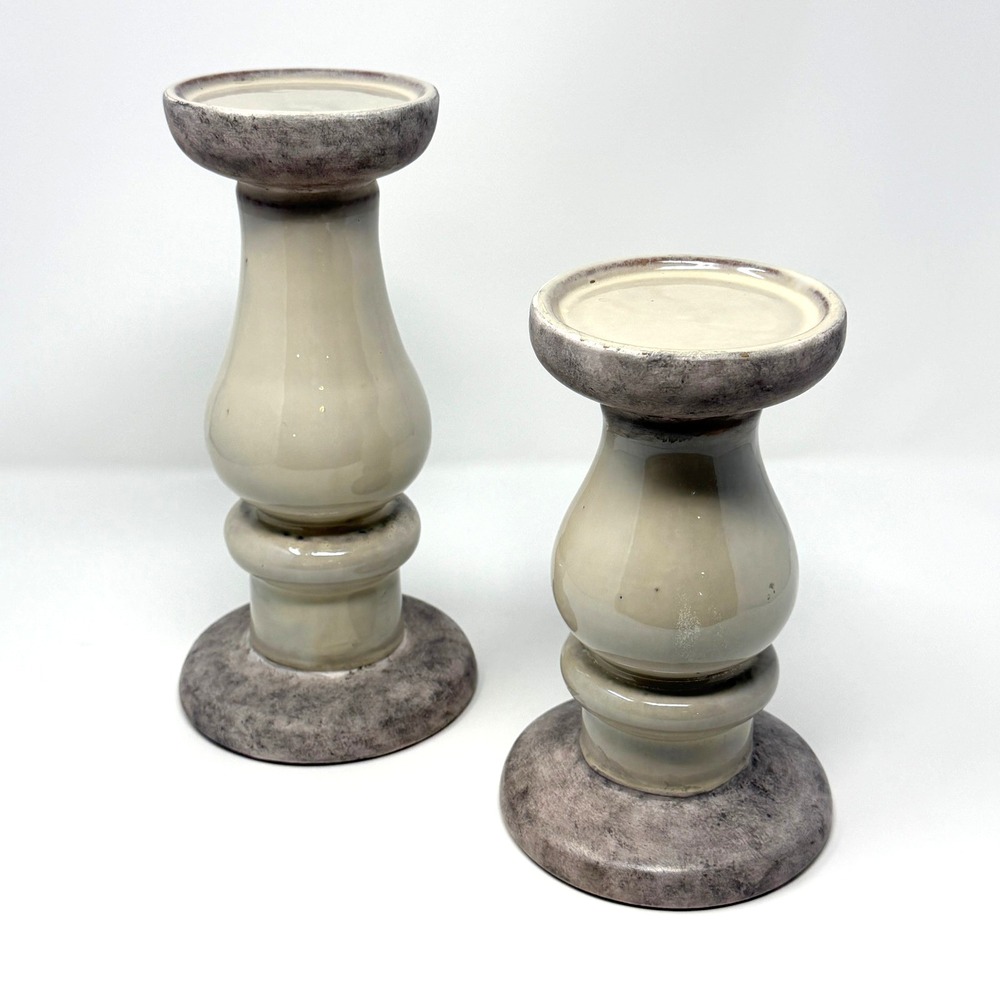 Ceramic Pillar Candle‎ Holders Set of 2 Distressed Gray Cream